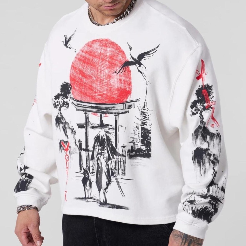 YoungLA White and Red Graphic Crewneck Sweater